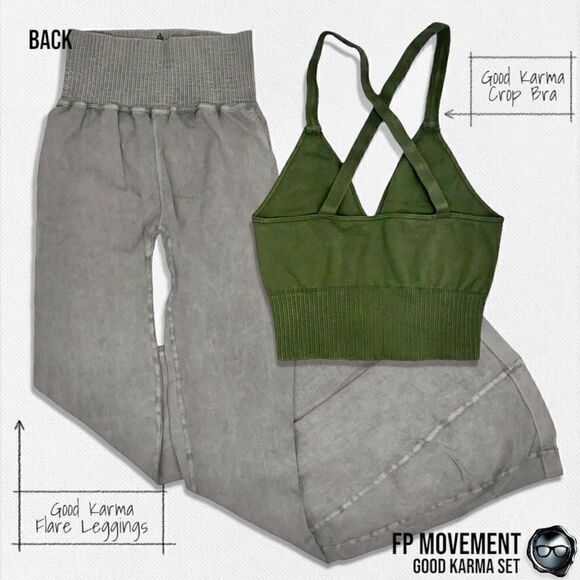 FP MOVEMENT GOOD KARMA SET: CROP TANK BRA + FLARE LEGGINGS IN MUSHROOM & GREEN - Picture 3 of 15